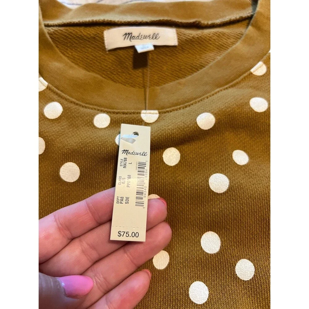 Madewell NWT! Banded Crewneck Polkadot Sweatshirt in Deep Mustard / Green Size M - Picture 9 of 12